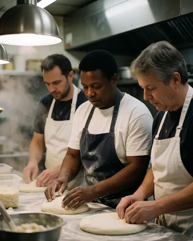 A group of pizza chefs working together in a professional industrial kitchen, preparing dough and managing the oven for fast food service