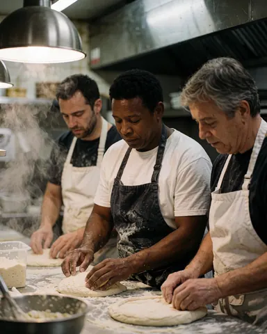 A group of pizza chefs working together in a professional industrial kitchen, preparing dough and managing the oven for fast food service