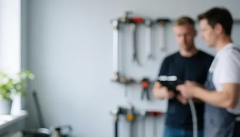 A blurred background of a workshop environment featuring tools and pipes, suitable for plumbing business text overlays