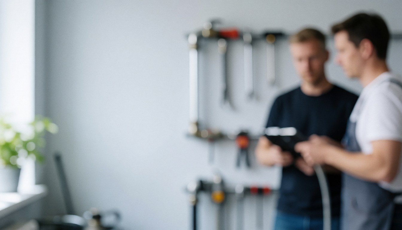 A blurred background of a workshop environment featuring tools and pipes, suitable for plumbing business text overlays