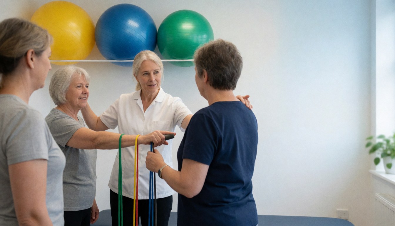 Physical therapist helping a woman stretch with resistance bands while other women observe in a room with exercise balls