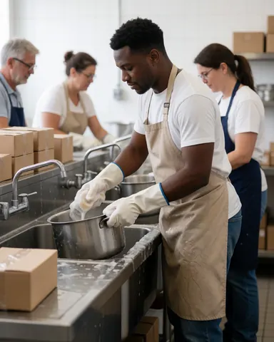A chef wearing gloves and an apron cleans pots in an industrial kitchen sink during a professional workday.