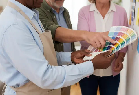 Professional painter holding a color palette while a happy client points to a specific shade for an interior home painting project.