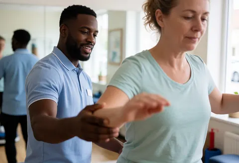 A physical therapist assists a client with a balance exercise in a professional clinic featuring natural light and mirrors.