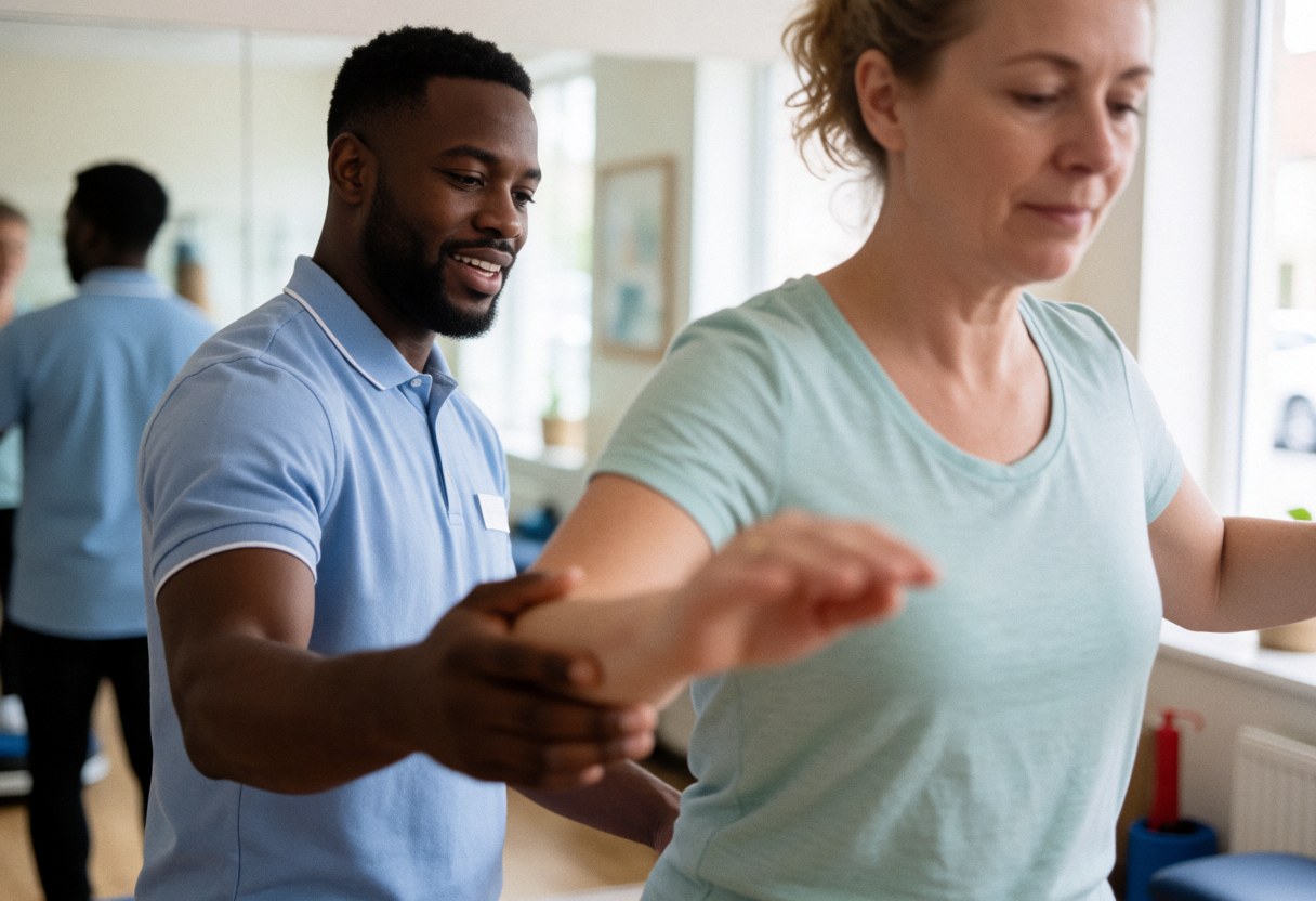 A physical therapist assists a client with a balance exercise in a professional clinic featuring natural light and mirrors.