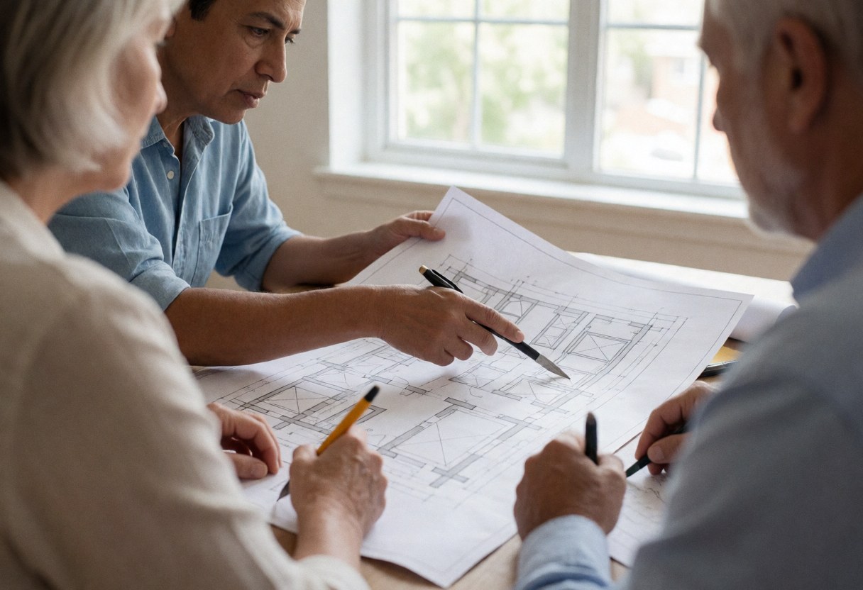 Professional painter explains architectural blueprints to two clients at a desk in a bright office, focusing on project details.