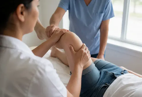 A physical therapist performs manual therapy on a client's knee while the patient lies on a treatment bed near a window with natural light.