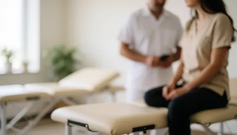 Soft focus background of a clean physical therapy clinic room with neutral beige and white tones, suitable for health and wellness text overlays