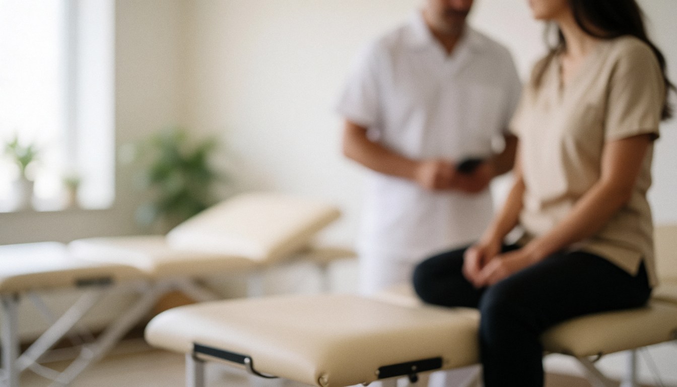 Soft focus background of a clean physical therapy clinic room with neutral beige and white tones, suitable for health and wellness text overlays