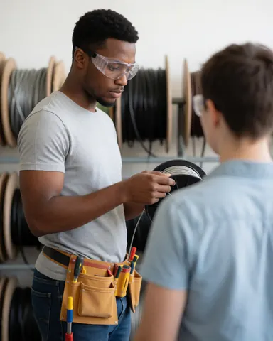 A specialized electrician technician wearing safety glasses and a tool belt stands in a hardware store, surrounded by electrical coils and tools.