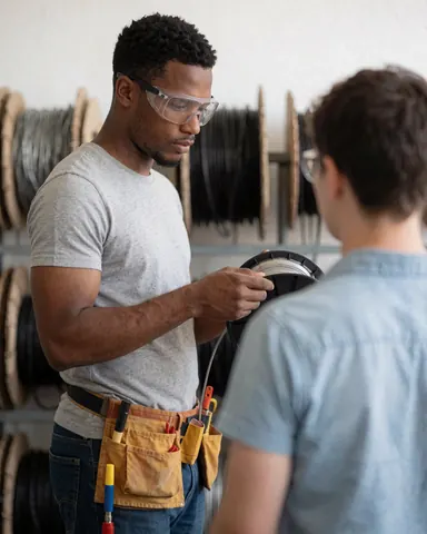 A specialized electrician technician wearing safety glasses and a tool belt stands in a hardware store, surrounded by electrical coils and tools.