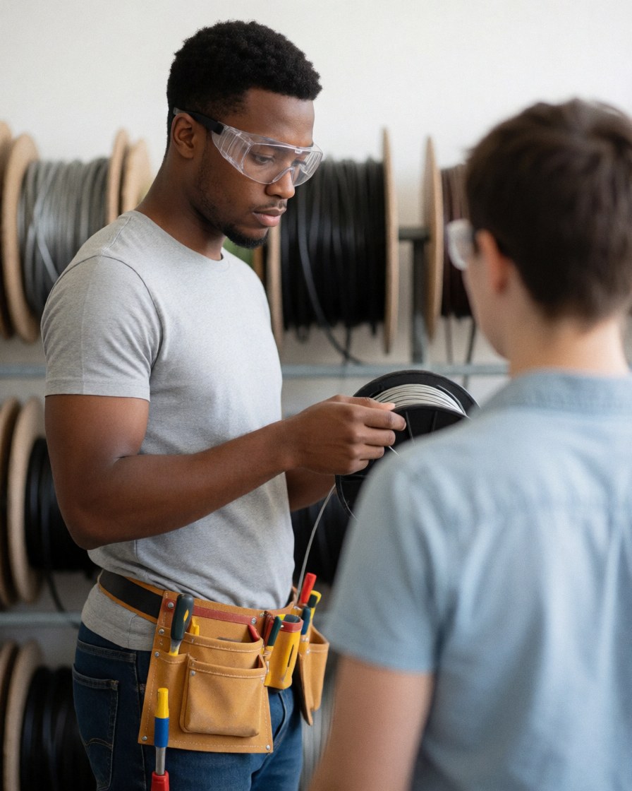 A specialized electrician technician wearing safety glasses and a tool belt stands in a hardware store, surrounded by electrical coils and tools.