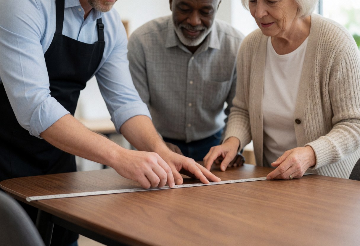 A furniture consultant measures a wooden table with an older couple in a store. The woman examines the wood grain while the man holds the ruler.