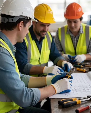 Three technicians in hard hats and vests review solar energy blueprints on a table with tools in a well-lit workshop.