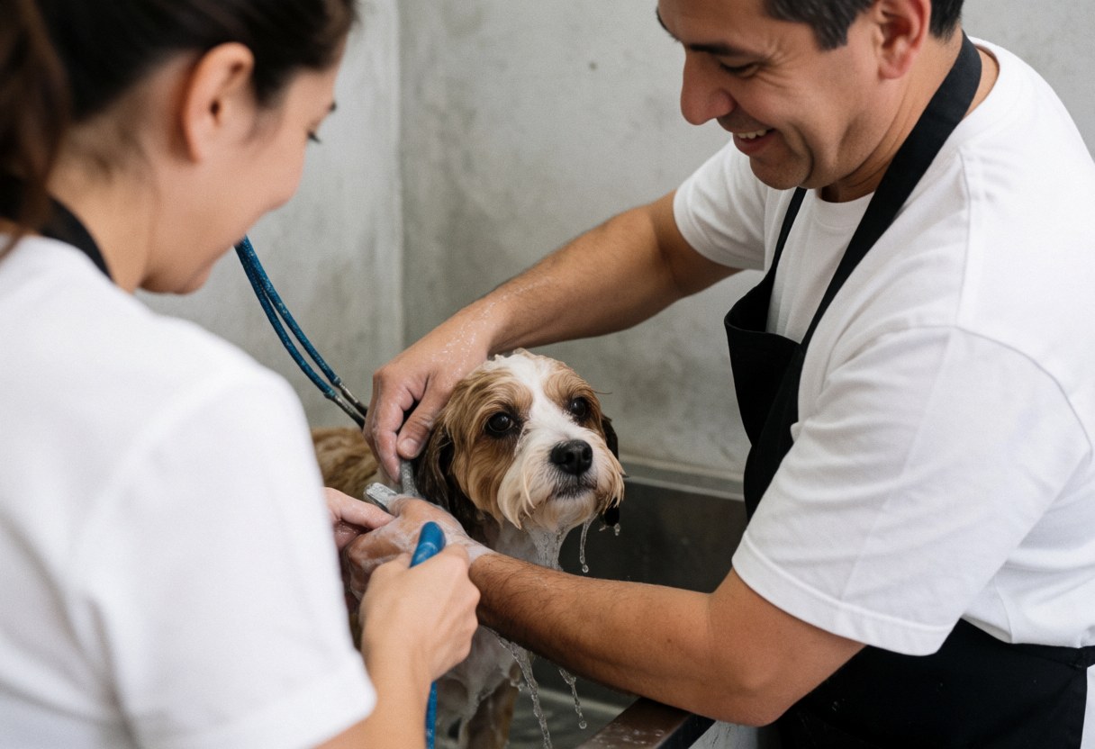 A professional groomer washing and bathing a dog in a salon setting, demonstrating a pet care service.