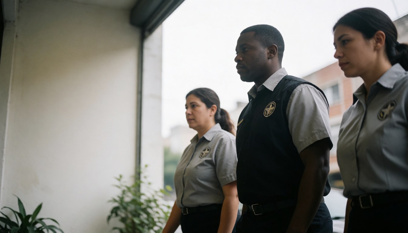 Three security officers walking in a line wearing uniforms in an urban setting with copy space on the left