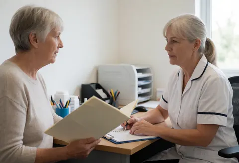 A nurse in a white uniform explains test results to an older female client in a clinical office, both seated at a desk with documents and office supplies.
