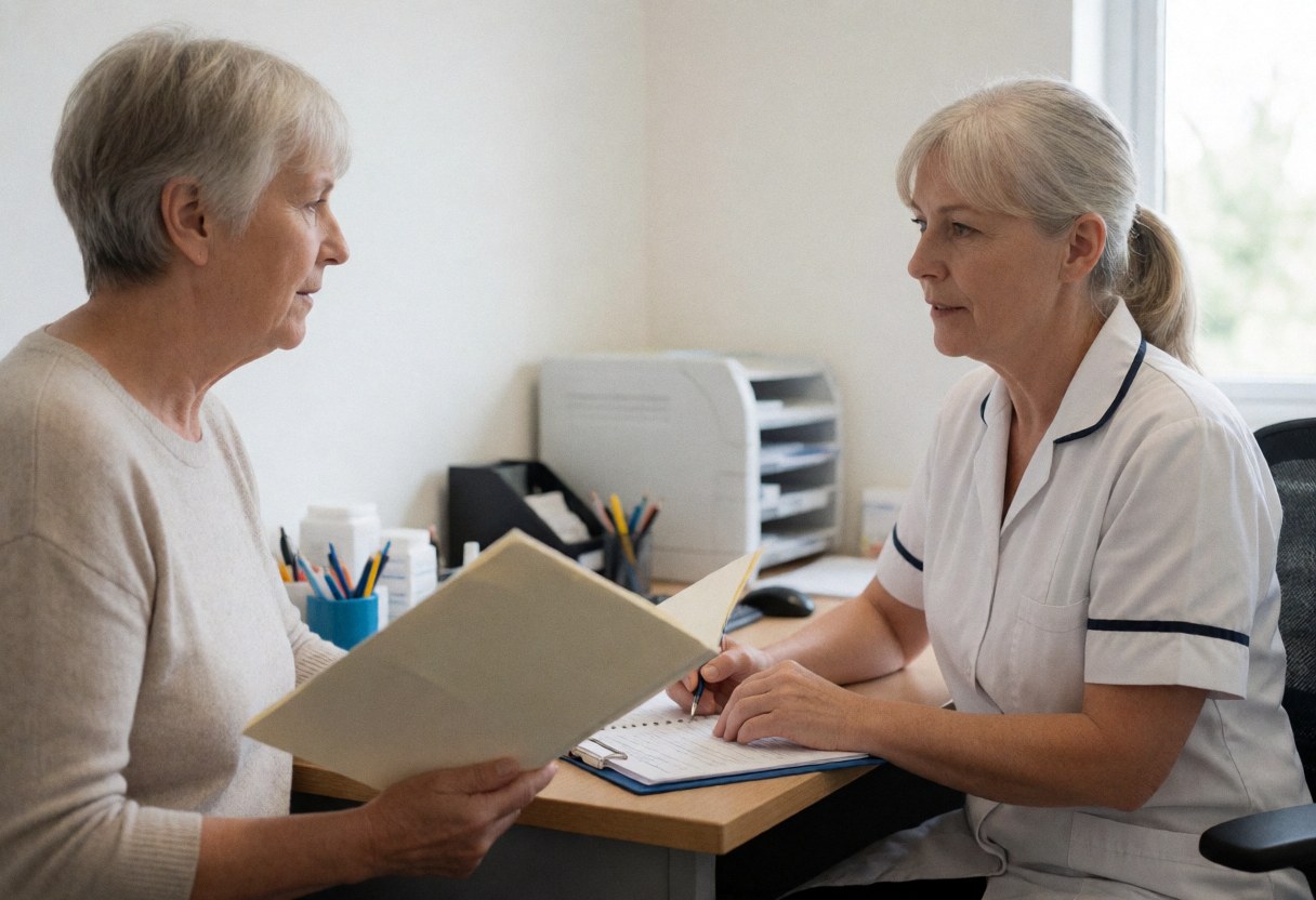 A nurse in a white uniform explains test results to an older female client in a clinical office, both seated at a desk with documents and office supplies.