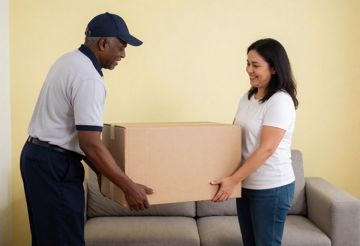 A man delivers a piece of furniture to a smiling woman in a living room with yellow walls.