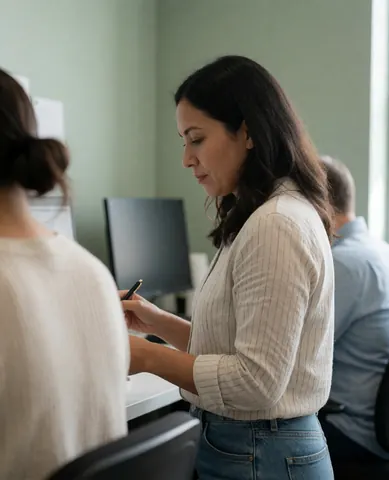 A professional woman in a modern office reviews her financial savings and documents on a laptop computer, appearing relaxed and confident about her financial planning.
