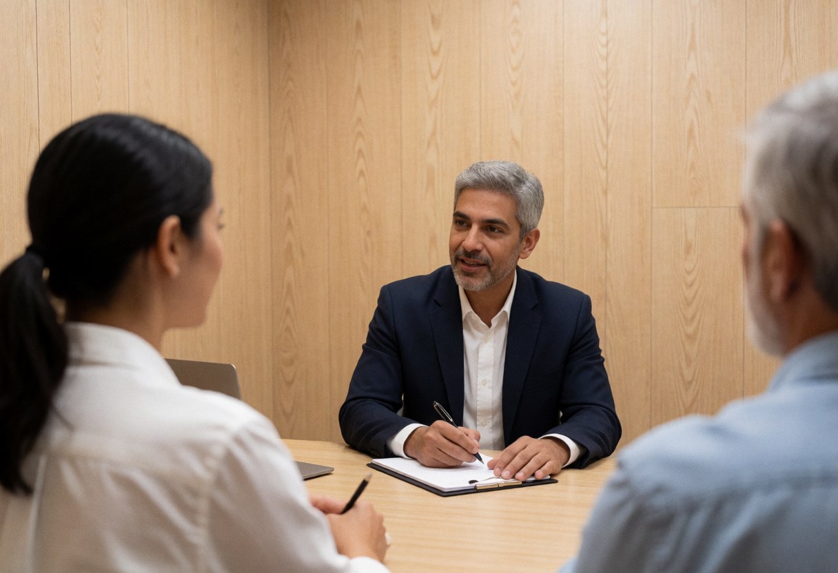 Human resources consultant taking notes while interviewing two candidates in a wood-paneled meeting room.