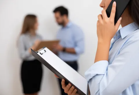 A professional consultant speaking on a mobile phone while holding a folder with documents in an office setting with a blurred background.