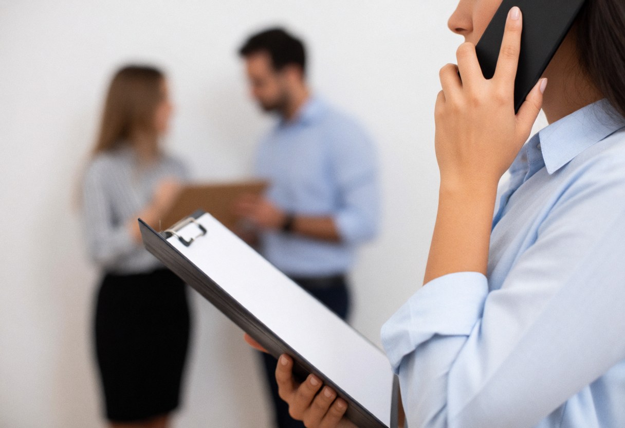 A professional consultant speaking on a mobile phone while holding a folder with documents in an office setting with a blurred background.