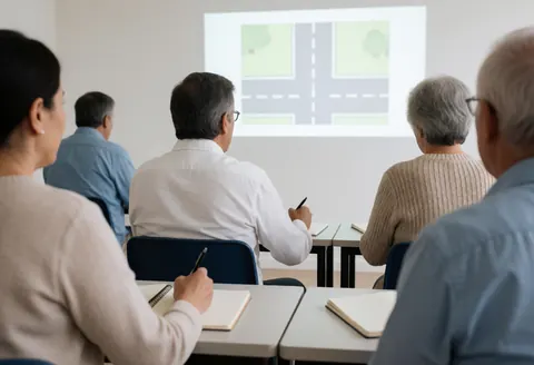 A group of adult students sitting in a classroom listening to an instructor during a road safety theory lesson with a projector screen visible