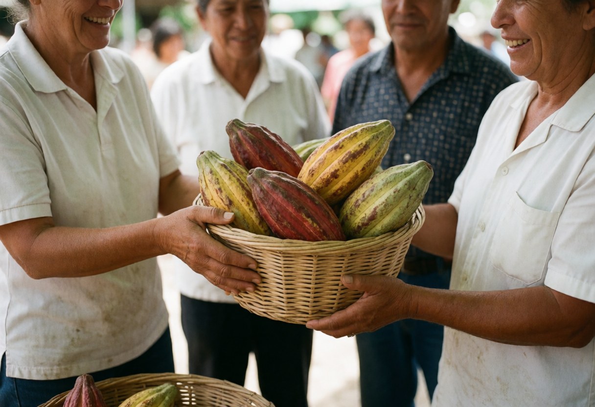 A smiling woman hands a box of cacao to a customer in an open-air market while others watch nearby