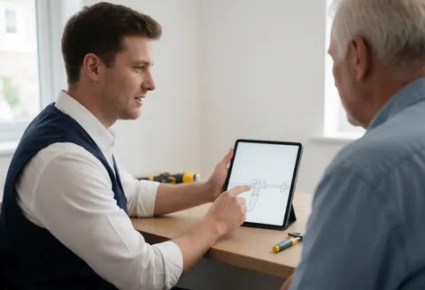 Young plumber shows a pipe diagram on a tablet to an older client at a hardware store counter with tools nearby