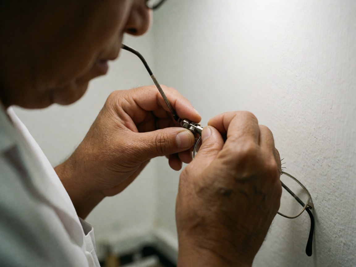Close-up of an optician's hands using a tool to adjust a metal eyeglass frame against a white background with soft lighting