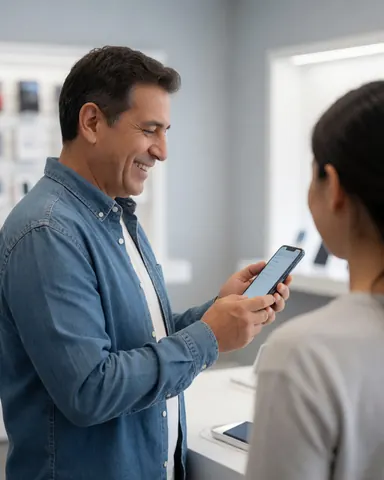 A smiling man tries out a new smartphone in a bright electronics shop while a sales associate assists him nearby.