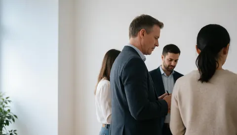 Three professionals in modern office reviewing documents together with natural light and white walls