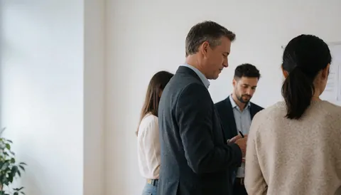 Three professionals in modern office reviewing documents together with natural light and white walls