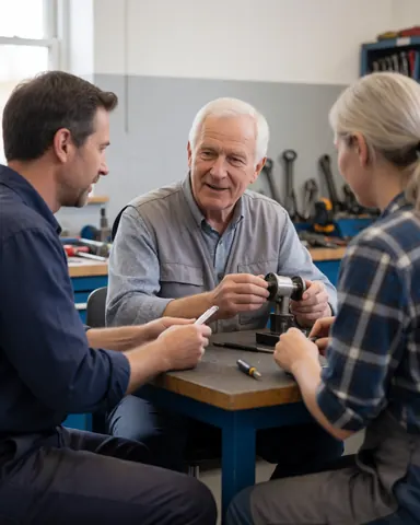Three engineers sitting in a workshop discussing a metal part on a workbench with tools and wrenches in the background illuminated by natural light