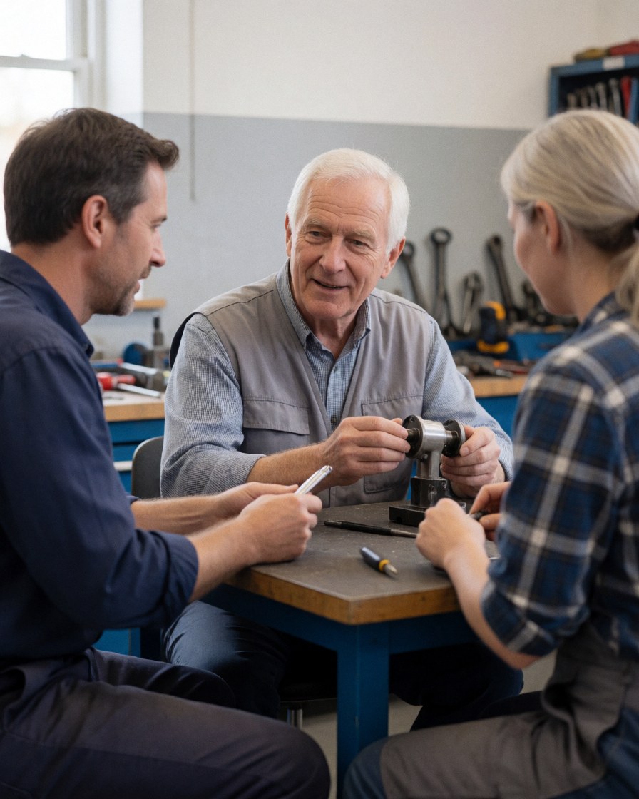 Three engineers sitting in a workshop discussing a metal part on a workbench with tools and wrenches in the background illuminated by natural light