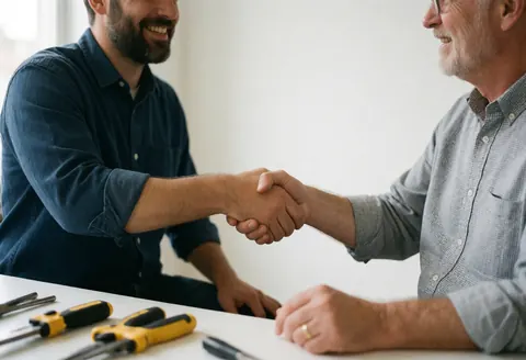 A professional electrician shaking hands with a satisfied client after completing an electrical service job at a home or office.