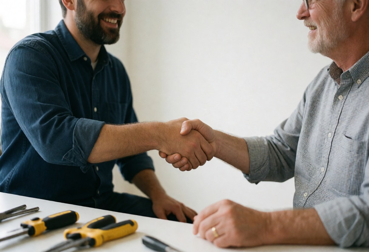 A professional electrician shaking hands with a satisfied client after completing an electrical service job at a home or office.