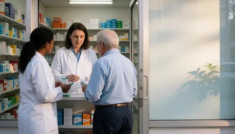 Exterior view of a modern urban pharmacy with empty side space for text, showcasing the storefront on a sunny day