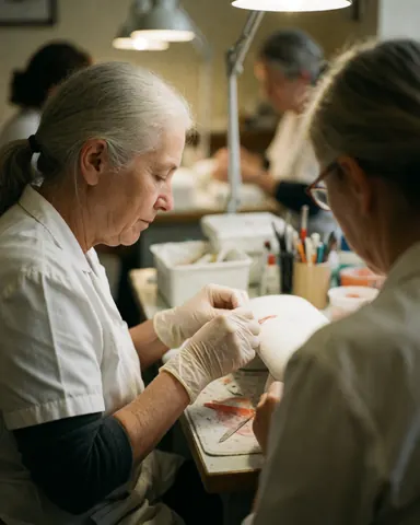 A nail technician wearing gloves works on a client's nails in a salon with warm lighting and visible tools.