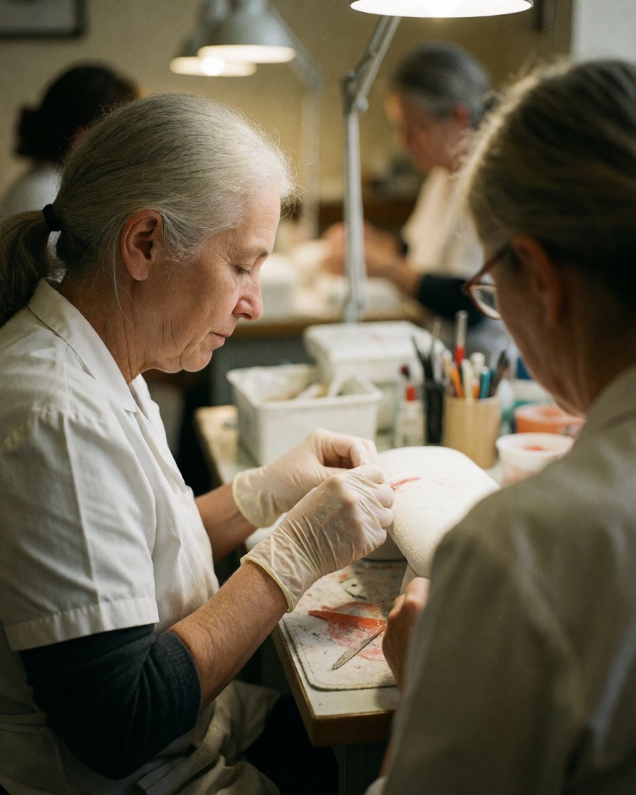 A nail technician wearing gloves works on a client's nails in a salon with warm lighting and visible tools.