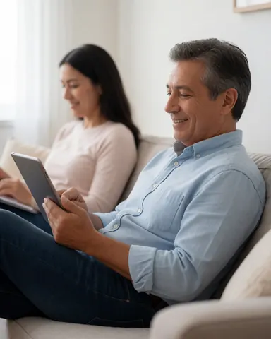 A relaxed man and woman sitting on a sofa at home, using tablets in a bright, comfortable setting ideal for remote work and video calls.