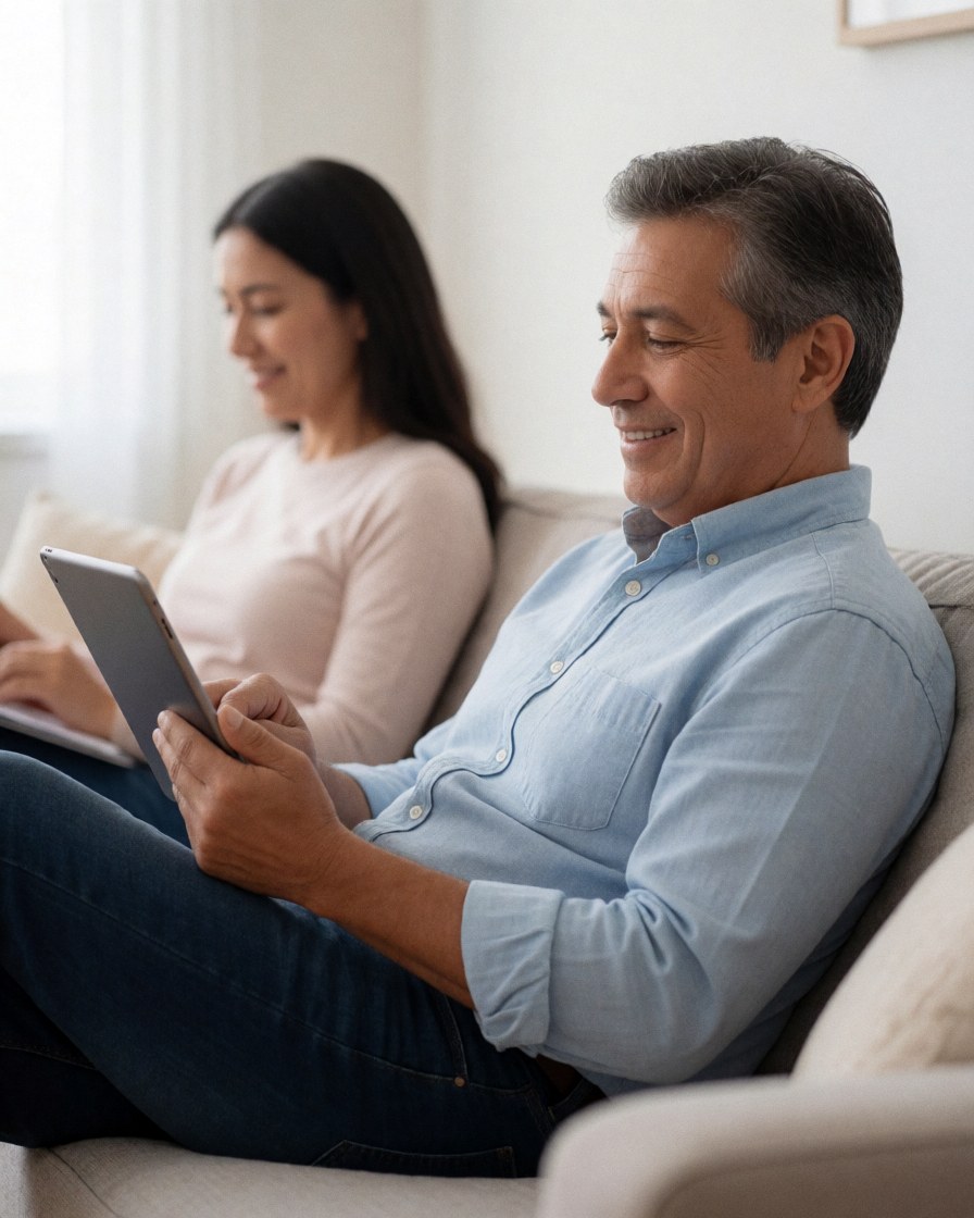 A relaxed man and woman sitting on a sofa at home, using tablets in a bright, comfortable setting ideal for remote work and video calls.
