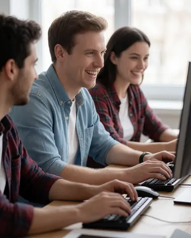 Three young developers working together at a computer in a sunlit office, smiling and laughing while coding with visible keyboards and mice