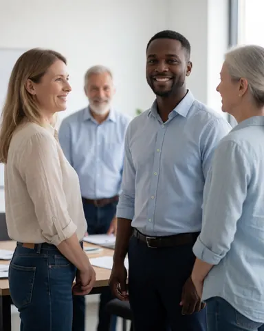 Three smiling professionals conversing at a desk with documents, showcasing natural light and a dynamic corporate environment.