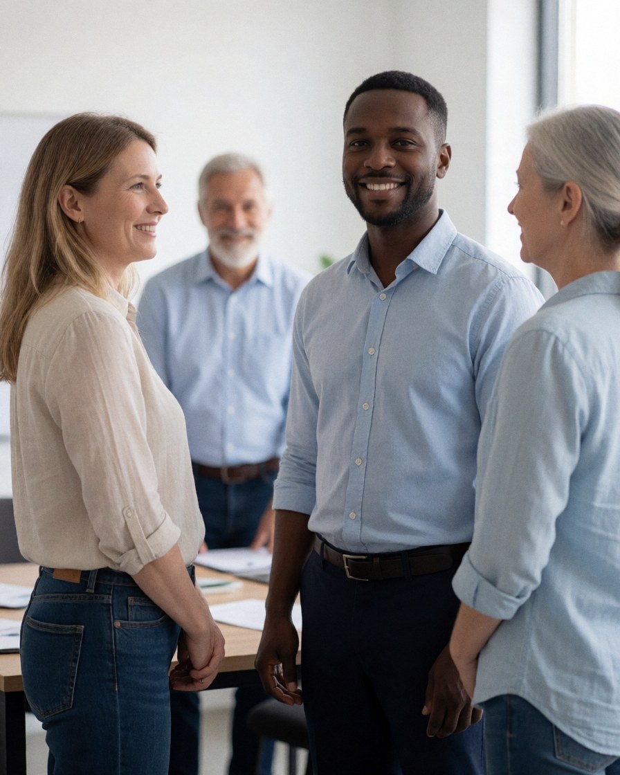 Three smiling professionals conversing at a desk with documents, showcasing natural light and a dynamic corporate environment.