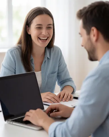 A smiling woman looks at her laptop screen while participating in a remote video conference from her home office desk
