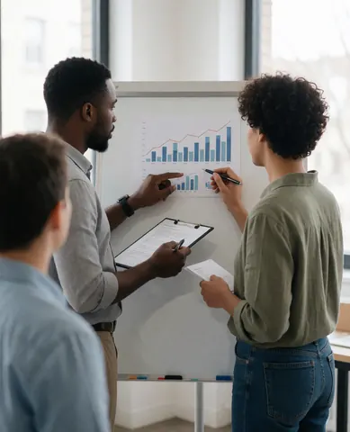 Senior accountant and junior staff member reviewing a financial graph on a whiteboard in a modern office setting during a collaborative work session.