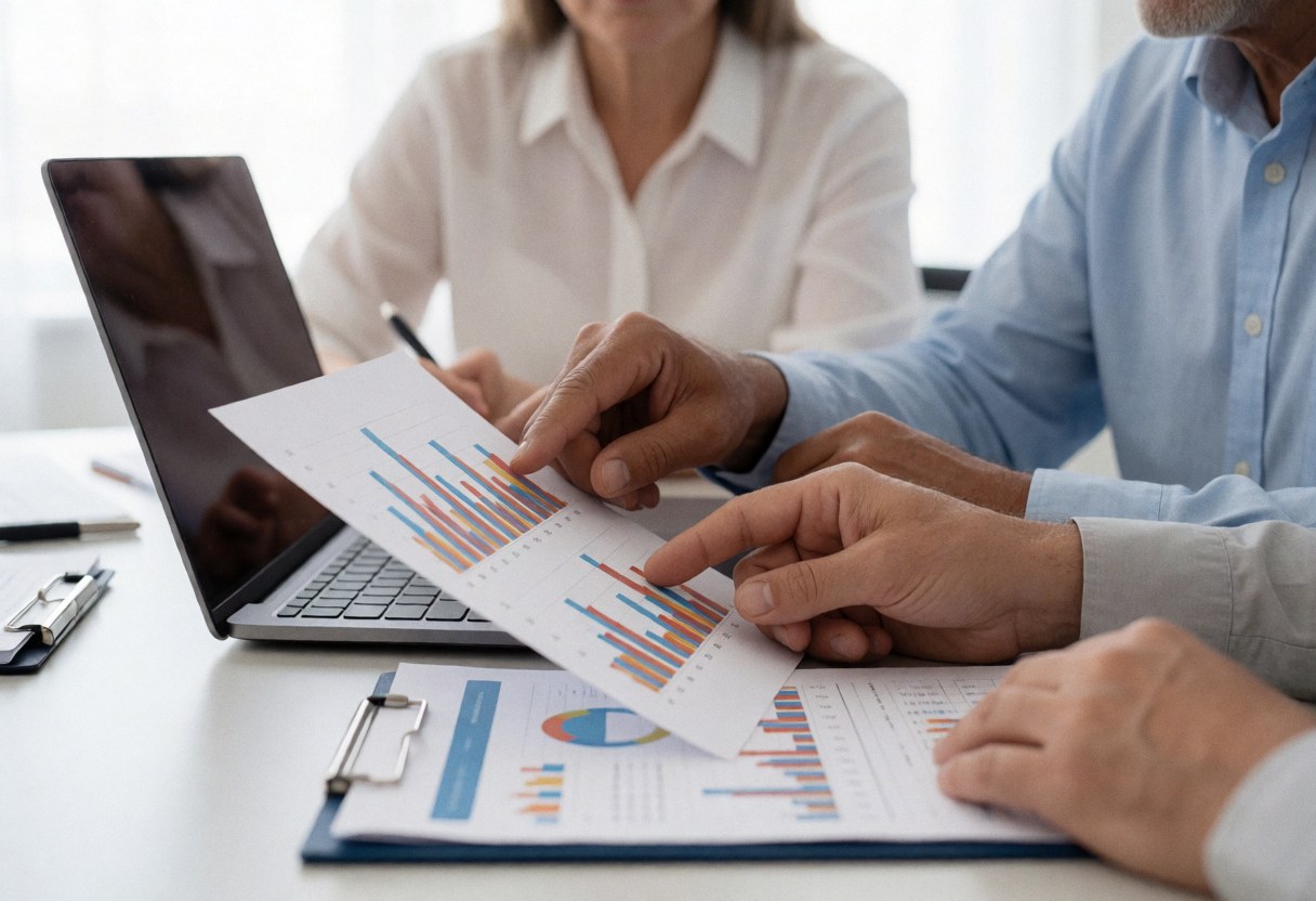 Two accountants examine bar charts on a computer screen and paper, with hands pointing to data in a modern bright office.