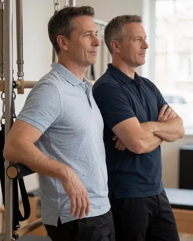 Two male pilates trainers in a studio, one leaning on a reformer machine and the other with arms crossed, both looking forward with confident expressions.